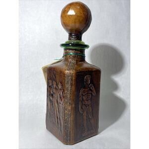 Vintage MCM Leather Wrapped Decanter Glass Bottle w/ Stopper Made In Italy 11”